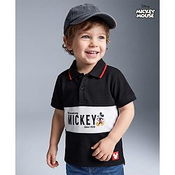 Babyhug Disney Cotton Knit Half Sleeves Pique Polo T-Shirt with Mickey Mouse Print - Black