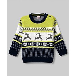 Babyhug Knitted Full Sleeves Reindeer Designed Sweater Set - Navy Blue