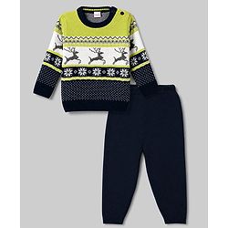 Babyhug Knitted Full Sleeves Reindeer Designed Sweater Set - Navy Blue