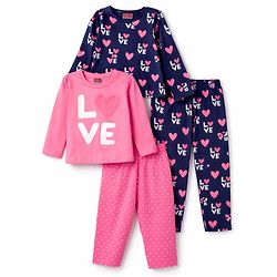 Babyhug 100% Cotton Knit Full Sleeves Co-Ord T-Shirt & Pyjama Night Suit With Love Print Pack of 2 - Multicolor