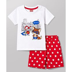 Babyhug 100% Cotton Knit Half Sleeves Animal Printed T-Shirt & Shorts Night Suit - White