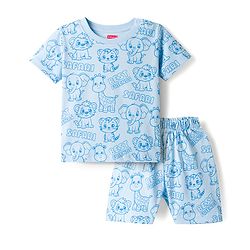Babyhug 100% Cotton Knit Half Sleeves Animal Printed Co-Ords T-Shirt & Shorts Night Suit - Light Blue
