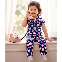 Babyhug 100% Cotton Knit Half Sleeves T-Shirt & Pyjama Co-ord Night Suit with Floral Print - Navy Blue