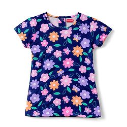 Babyhug 100% Cotton Knit Half Sleeves T-Shirt & Pyjama Co-ord Night Suit with Floral Print - Navy Blue