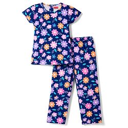 Babyhug 100% Cotton Knit Half Sleeves T-Shirt & Pyjama Co-ord Night Suit with Floral Print - Navy Blue