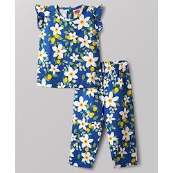 Babyhug 100% Cotton Knit Half Sleeves Co-Ord Top & Pyjama Night Suit With Floral Print - Blue