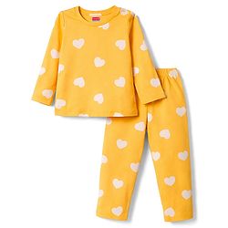 Babyhug 100% Cotton Knit Full Sleeves T-Shirt & Pyjama Co-ord Night Suit with Heart Print - Yellow