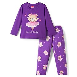 Babyhug 100% Cotton Knit Full Sleeves Bear Printed T-Shirt & Pajama Night Suit -Purple