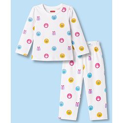 Babyhug Cotton Knit Full Sleeves T-Shirt & Pyjama Co-ord Night Suit with Cupcake Print - White