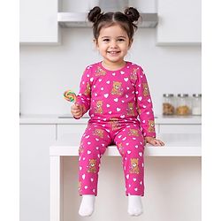 Babyhug 100% Cotton Knit Full Sleeves Co-Ords Bear Printed T-Shirt & Pajama Night Suit - Pink