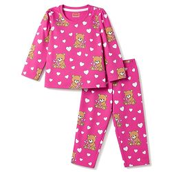 Babyhug 100% Cotton Knit Full Sleeves Co-Ords Bear Printed T-Shirt & Pajama Night Suit - Pink