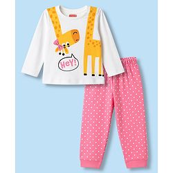 Babyhug 100% Cotton Knit Full Sleeves T-Shirt & Polka Dot Pyjama Night Suit With Giraffe Print - White