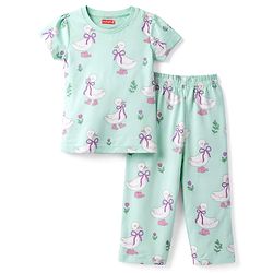 Babyhug 100% Cotton Knit Half Sleeves T-Shirt & Pyjama Co-ord Night Suit with Duck Print - Sea Green