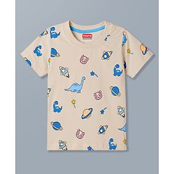 Babyhug 100% Cotton Knit Full Sleeves T-Shirt & Pyjama Night Suit With Animal & Space Print - White