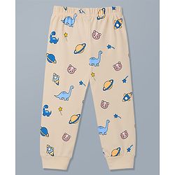 Babyhug 100% Cotton Knit Full Sleeves T-Shirt & Pyjama Night Suit With Animal & Space Print - White