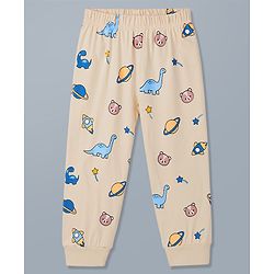 Babyhug 100% Cotton Knit Full Sleeves T-Shirt & Pyjama Night Suit With Animal & Space Print - White