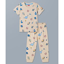 Babyhug 100% Cotton Knit Full Sleeves T-Shirt & Pyjama Night Suit With Animal & Space Print - White