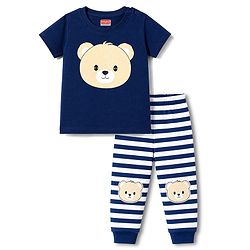 Babyhug Cotton Knit Half Sleeves T-Shirt & Striped Pyjama Night Suit With Bear Print - Navy Blue