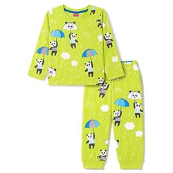 Babyhug 100% Cotton Knit Full Sleeves T-Shirt & Pyjama Night Suit With Panda Print- Green