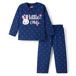 Babyhug 100% Cotton Knit Full Sleeves Bunny & Polka Dot Printed T-Shirt & Pyjama Night Suit - Navy