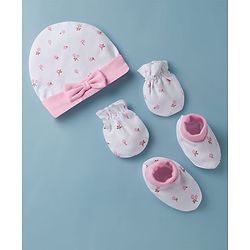 Babyhug 100% Cotton Interlock Knit Cap Mittens & Booties Set With Floral Print & Bow Applique White - Diameter 14 cm