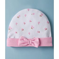 Babyhug 100% Cotton Interlock Knit Cap Mittens & Booties Set With Floral Print & Bow Applique White - Diameter 14 cm