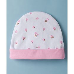 Babyhug 100% Cotton Interlock Knit Cap Mittens & Booties Set With Floral Print & Bow Applique White - Diameter 14 cm