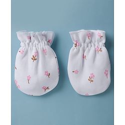 Babyhug 100% Cotton Interlock Knit Cap Mittens & Booties Set With Floral Print & Bow Applique White - Diameter 14 cm