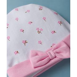 Babyhug 100% Cotton Interlock Knit Cap Mittens & Booties Set With Floral Print & Bow Applique White - Diameter 14 cm