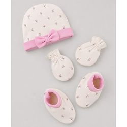 Babyhug 100% Cotton Interlock Knit Cap Mittens & Booties Set With Floral Print & Bow Applique Off White - Diameter 15.5 cm