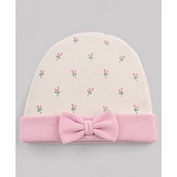 Babyhug 100% Cotton Interlock Knit Cap Mittens & Booties Set With Floral Print & Bow Applique Off White - Diameter 15.5 cm