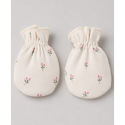 Babyhug 100% Cotton Interlock Knit Cap Mittens & Booties Set With Floral Print & Bow Applique Off White - Diameter 15.5 cm