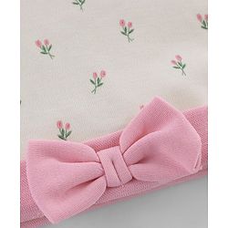Babyhug 100% Cotton Interlock Knit Cap Mittens & Booties Set With Floral Print & Bow Applique Off White - Diameter 15.5 cm