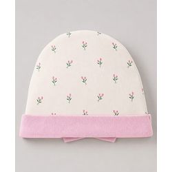 Babyhug 100% Cotton Interlock Knit Cap Mittens & Booties Set With Floral Print & Bow Applique Off White - Diameter 15.5 cm