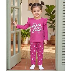 Babyhug 100% Cotton Knit Full Sleeves T-Shirt & Pyjama Night Suit Floral & Text Print - Dark Pink