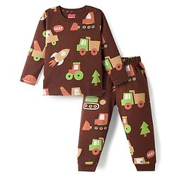 Babyhug Cotton Knit Full Sleeves Co Ord T-Shirt & Pyjama Night Suit Space Print - Brown