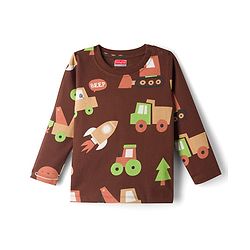Babyhug Cotton Knit Full Sleeves Co Ord T-Shirt & Pyjama Night Suit Space Print - Brown
