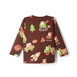 Babyhug Cotton Knit Full Sleeves Co Ord T-Shirt & Pyjama Night Suit Space Print - Brown