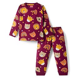 Babyhug 100% Cotton Knit Full Sleeves Co-Ords Animal Face Printed T-Shirt & Pyjama Night Suit - Brown