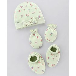 Babyhug 100% Cotton Interlock Knit Cap Mitten & Booties Set With Floral Print & Bow Applique Light Green - Diameter 15 cm