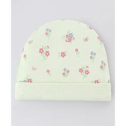 Babyhug 100% Cotton Interlock Knit Cap Mitten & Booties Set With Floral Print & Bow Applique Light Green - Diameter 15 cm