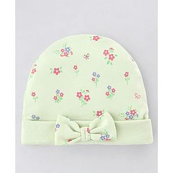 Babyhug 100% Cotton Interlock Knit Cap Mitten & Booties Set With Floral Print & Bow Applique Light Green - Diameter 15 cm