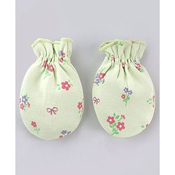 Babyhug 100% Cotton Interlock Knit Cap Mitten & Booties Set With Floral Print & Bow Applique Light Green - Diameter 15 cm