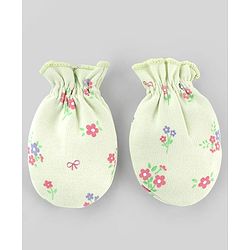 Babyhug 100% Cotton Interlock Knit Cap Mitten & Booties Set With Floral Print & Bow Applique Light Green - Diameter 15 cm