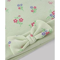 Babyhug 100% Cotton Interlock Knit Cap Mitten & Booties Set With Floral Print & Bow Applique Light Green - Diameter 15 cm