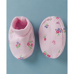 Babyhug 100% Cotton Interlock Knit Cap Mittens & Booties Set With Floral Print & Bow Applique Pink - Diameter 14