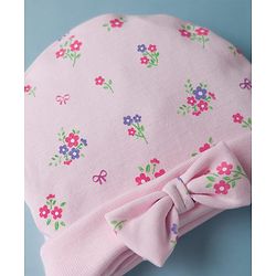 Babyhug 100% Cotton Interlock Knit Cap Mittens & Booties Set With Floral Print & Bow Applique Pink - Diameter 14