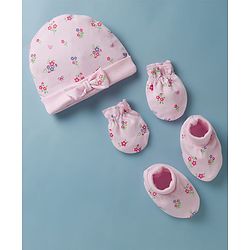 Babyhug 100% Cotton Interlock Knit Cap Mittens & Booties Set With Floral Print & Bow Applique Pink - Diameter 14