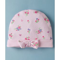 Babyhug 100% Cotton Interlock Knit Cap Mittens & Booties Set With Floral Print & Bow Applique Pink - Diameter 14