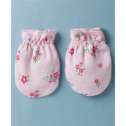 Babyhug 100% Cotton Interlock Knit Cap Mittens & Booties Set With Floral Print & Bow Applique Pink - Diameter 14